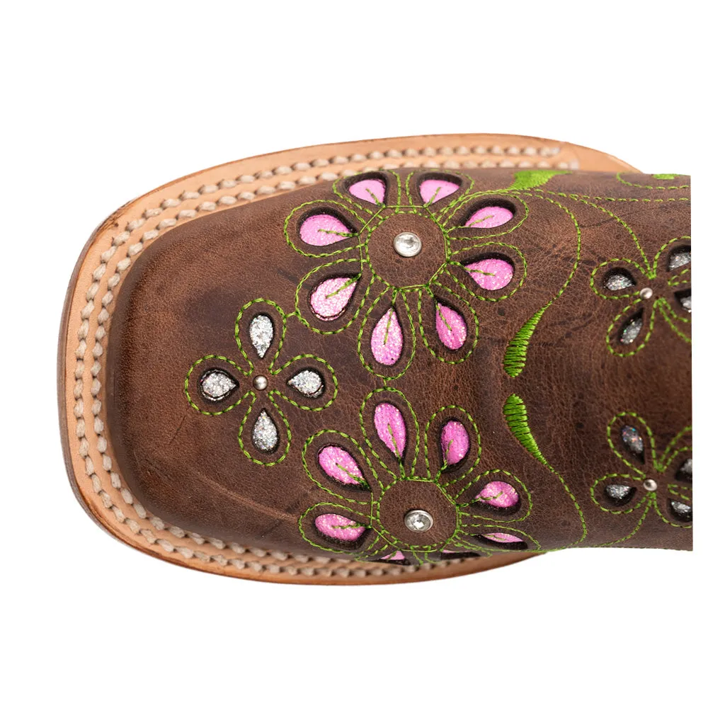 Blossom Tooled Inlay Embroidered Square Toe Pull On Cowboy Boots