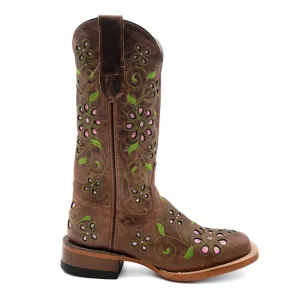 Blossom Tooled Inlay Embroidered Square Toe Pull On Cowboy Boots