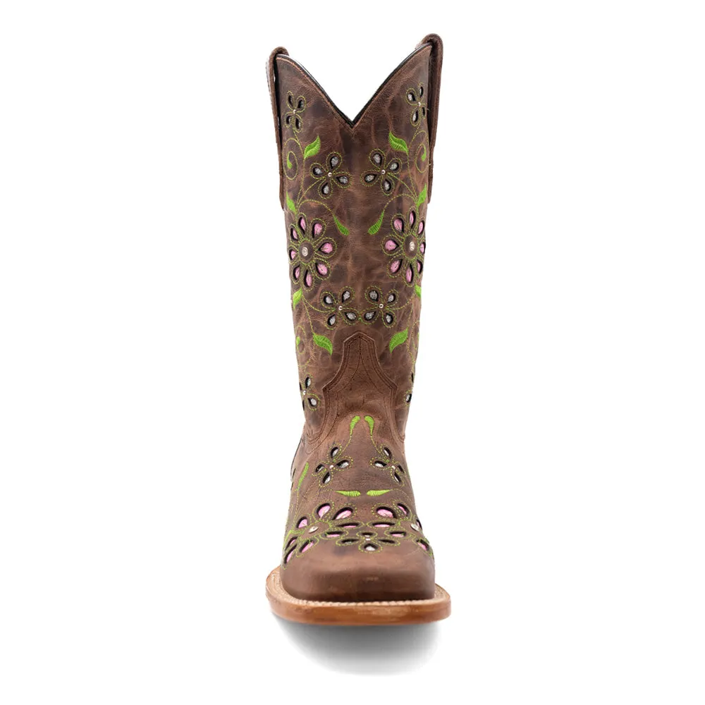 Blossom Tooled Inlay Embroidered Square Toe Pull On Cowboy Boots