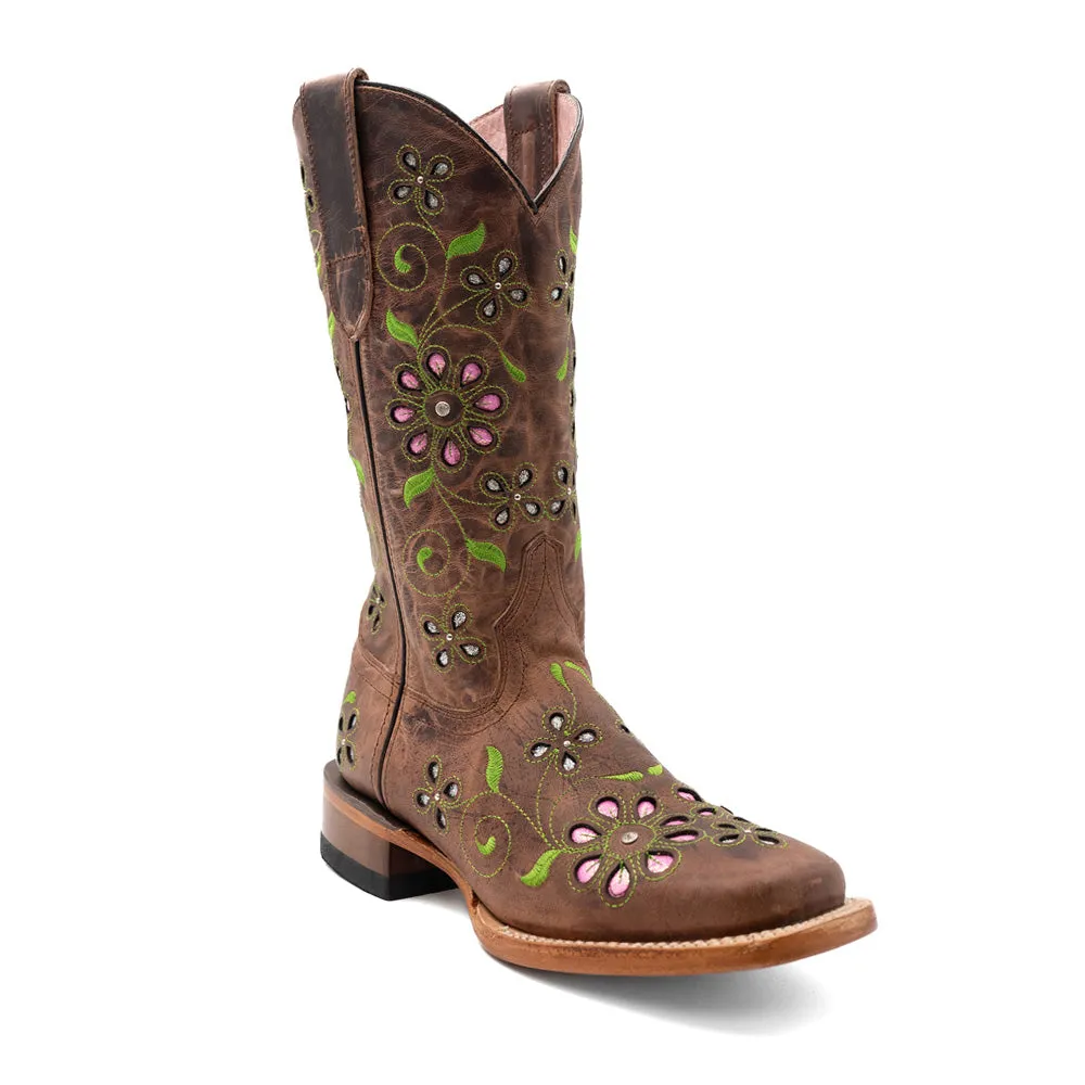 Blossom Tooled Inlay Embroidered Square Toe Pull On Cowboy Boots