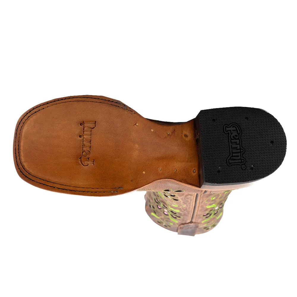 Blossom Tooled Inlay Embroidered Square Toe Pull On Cowboy Boots