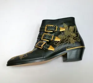 Chlo Susanna Black Leather Ankle Gold Studs Buckle Boots Studded New in Box