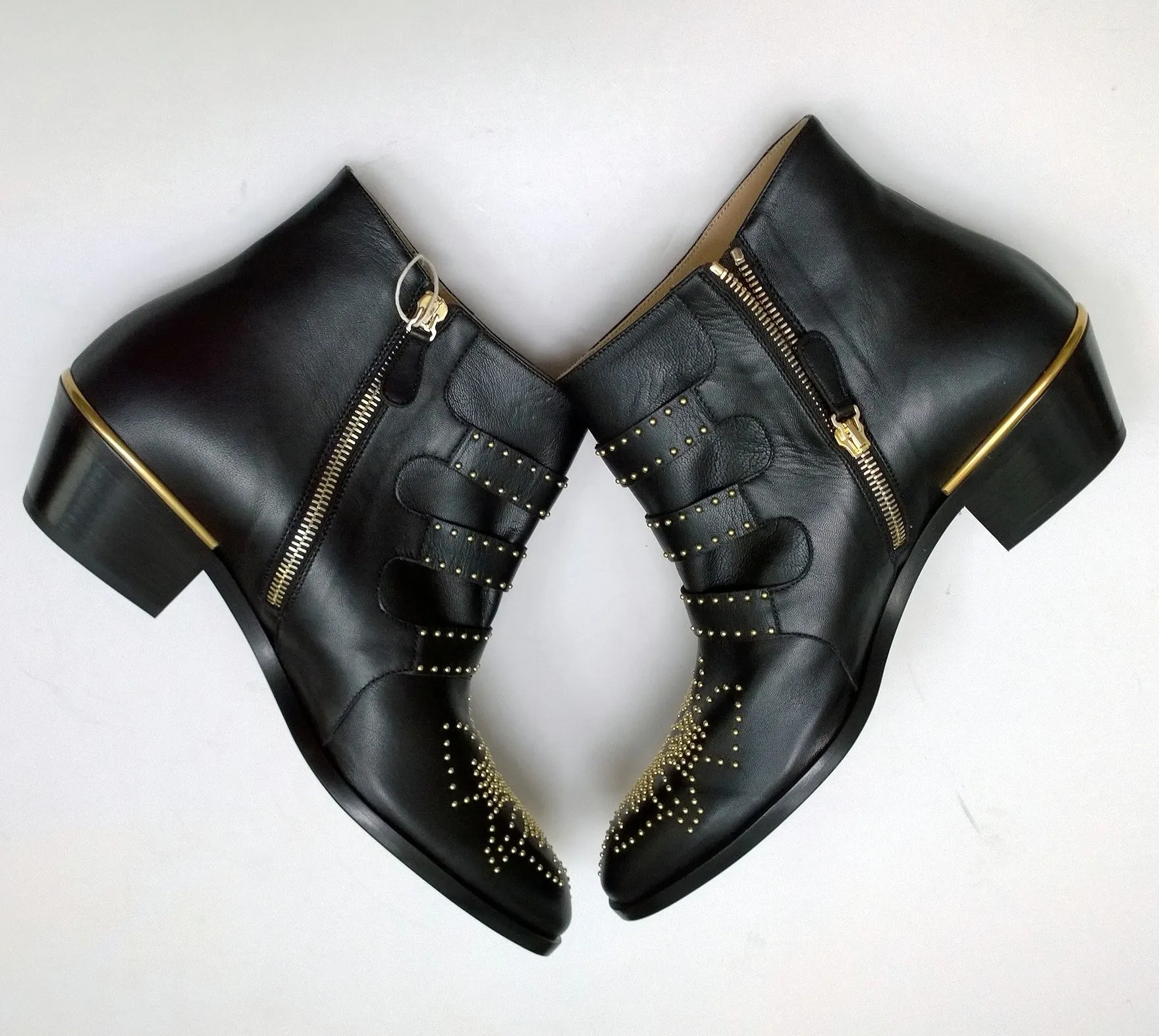 Chlo Susanna Black Leather Ankle Gold Studs Buckle Boots Studded New in Box