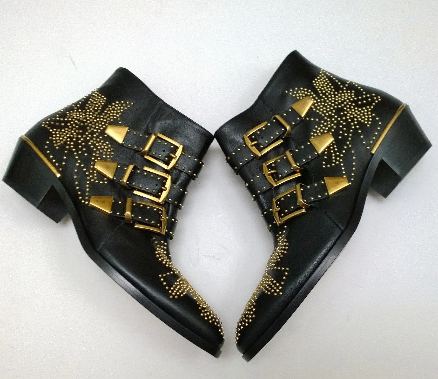 Chlo Susanna Black Leather Ankle Gold Studs Buckle Boots Studded New in Box