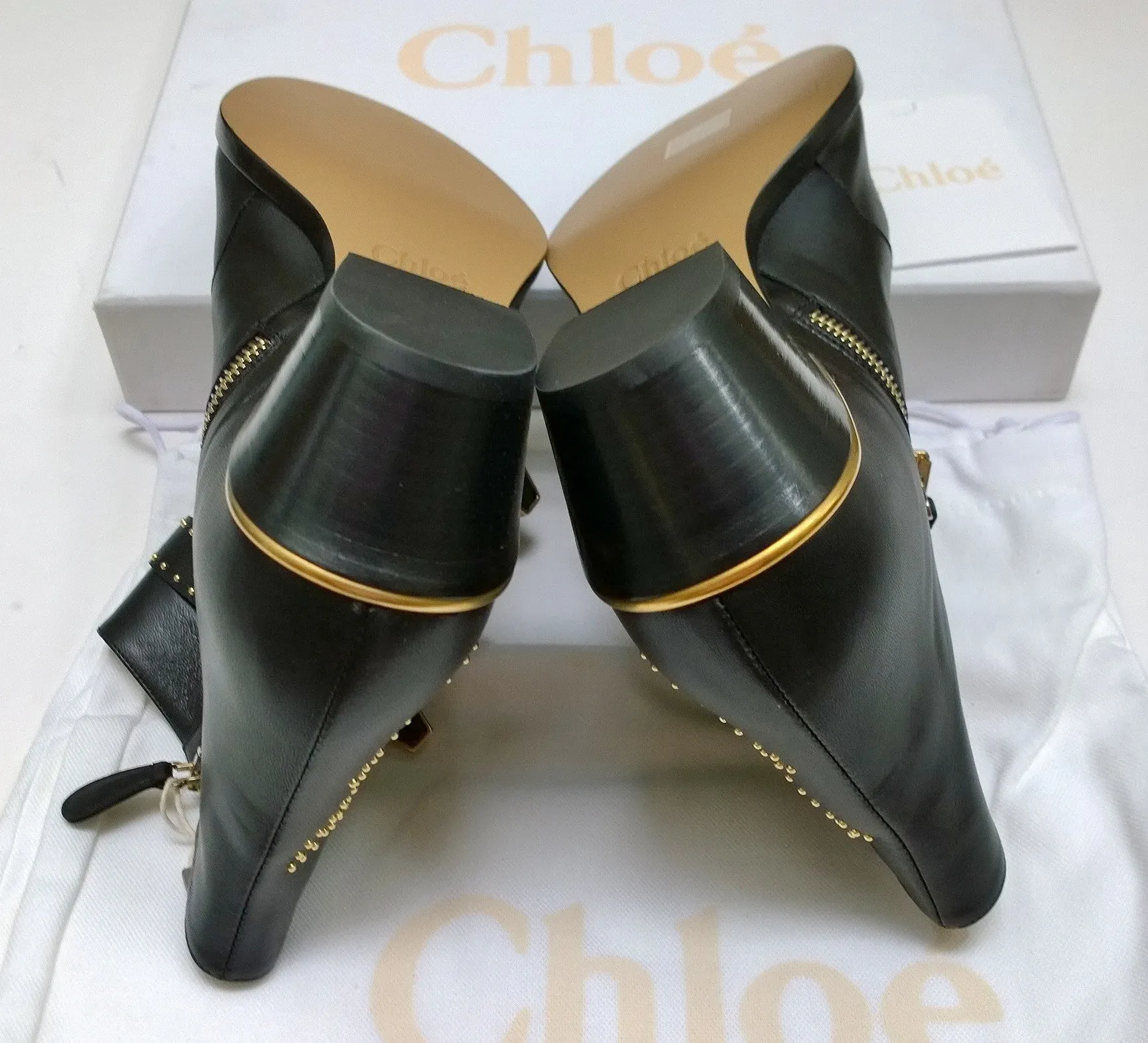 Chlo Susanna Black Leather Ankle Gold Studs Buckle Boots Studded New in Box