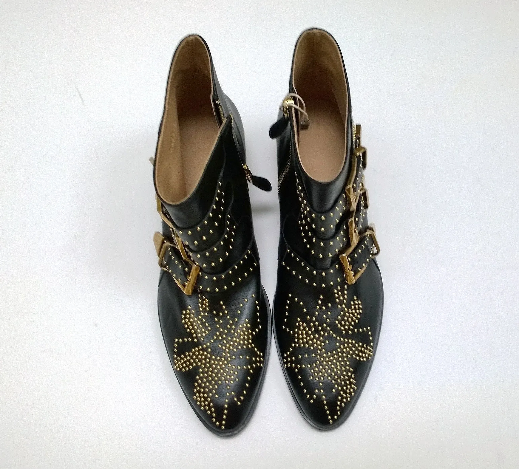 Chlo Susanna Black Leather Ankle Gold Studs Buckle Boots Studded New in Box