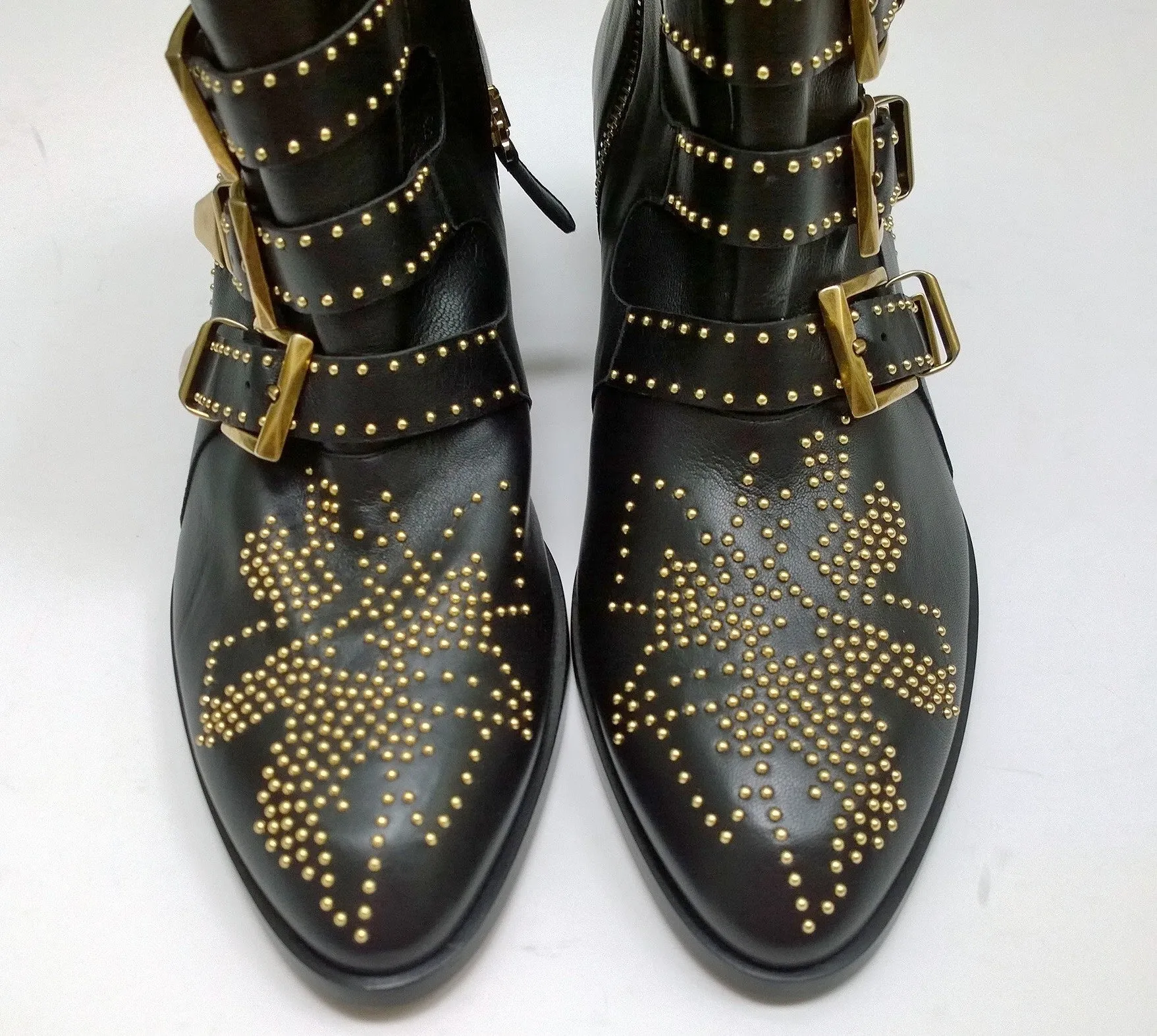 Chlo Susanna Black Leather Ankle Gold Studs Buckle Boots Studded New in Box